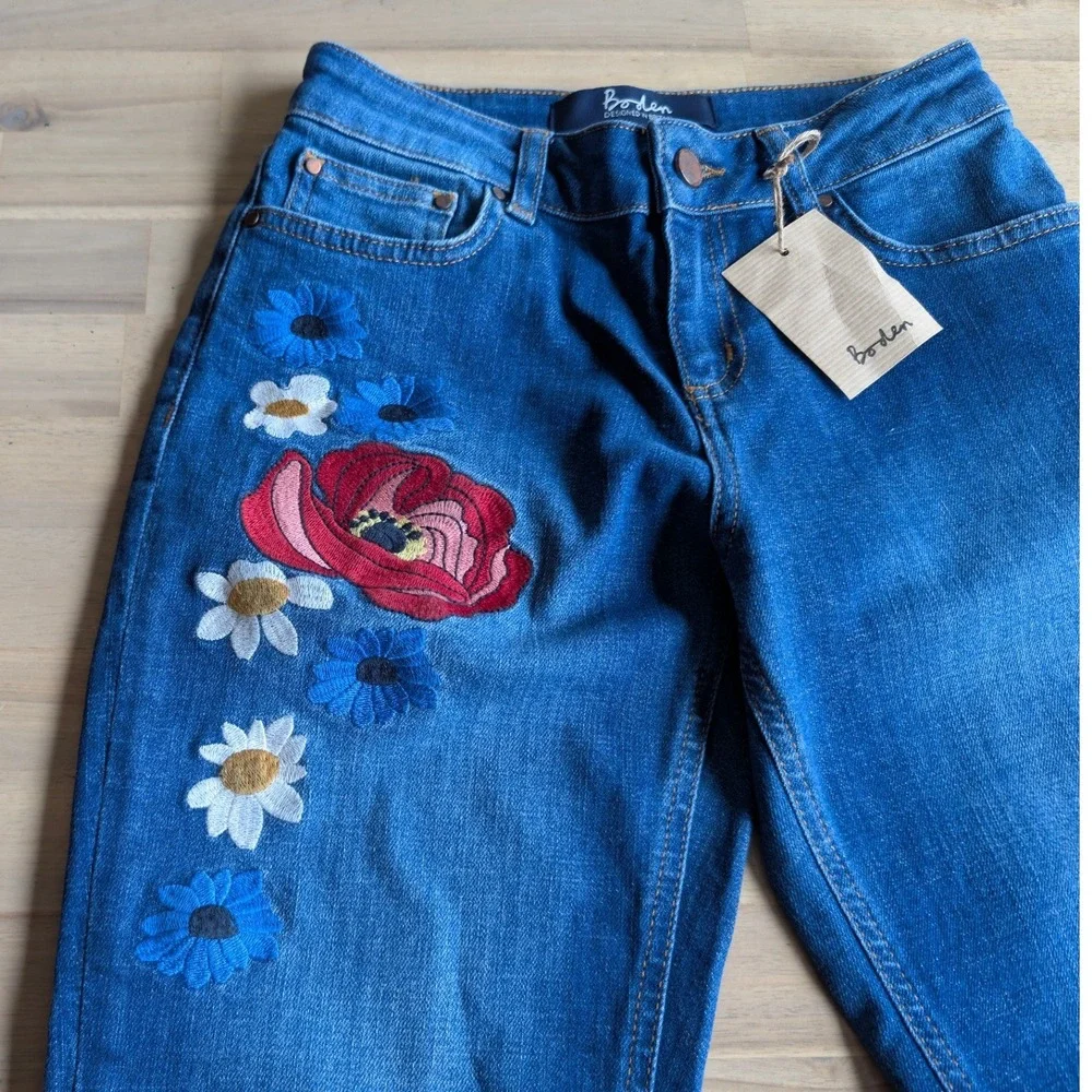 Boden The Cavendish Girlfriend Denim Jeans / Floral Embroidery NWOT Size 2 P‎